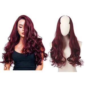 Long wavy wine red U-part hair extension piece for women with natural volume look