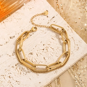 Double Layer Chain Bracelet Stainless Steel Gold Plated Vintage Paperclip Link Geometric Round Tag Pendant For Women