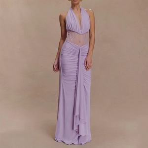 Robe Maxi Élégante Col en V Profond Halter Dos Nu Patchwork de Dentelle Plissée Taille Haute Robe de Soirée Sexy Femme