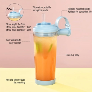 Tritan Boba straw cup with magnetic handle and wide straw for pearl milk tea