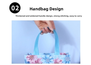 Detail of reinforced blue handle and precise stitching on floral non-woven gift bag