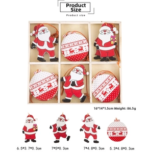 Close-up of printed cartoon gnome and reindeer wooden ornaments in a grid box