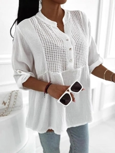 Elegant white V-neck blouse with lace patchwork and roll-up long sleeves for women
