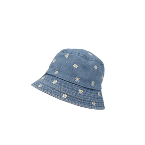 Blue denim bucket hat with white daisy floral embroidery for sun protection