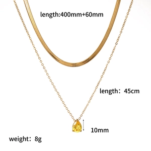 Double-layered gold necklace with yellow teardrop pendant and precise size measurements