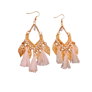 Bohemian vintage drop earrings with gold metal leaves and light pink silk tassels