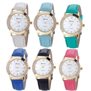 Women's Geneva quartz watch set with rhinestones and colorful leather straps