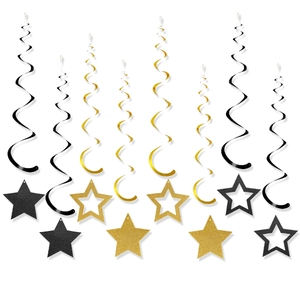 12-piece black and gold party decor set with hanging star cutouts and swirls