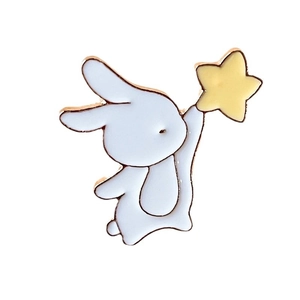 Cute white bunny rabbit enamel brooch holding a yellow star with gold metal trim