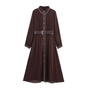 Elegant Pleated Midi Dress Chiffon Long Sleeve Contrast Piping Shirt Collar A-Line With Belt For Women Retro Solid