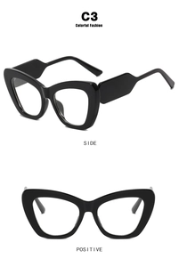 Front and side views of thick black cat-eye glasses frames with wide fashion temples