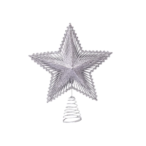 Sparkling silver glitter hollow star Christmas tree topper with spiral metal base