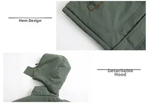 Detail of army green outdoor jacket featuring detachable hood and premium hem stitching