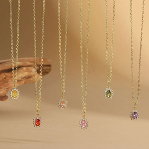 Simple Exquisite Colorful Zirconia Pendant Clavicle Chain For Women Copper Gold Plated Oval Geometric Fashion Jewelry Necklace