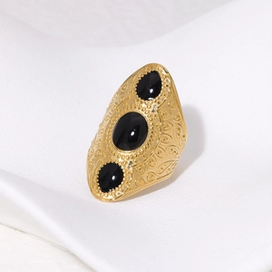 Vintage 18K gold plated stainless steel ring with three black oval stones and carvings