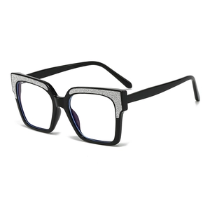 Fashionable black square anti-blue light glasses with silver glitter decorative frame