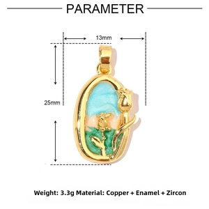 Detailed size view of an 18k gold-plated oval rose pendant with blue enamel and zircon