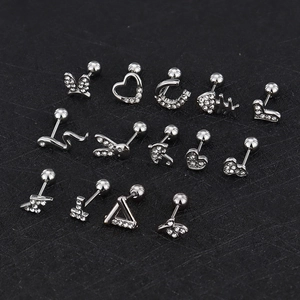 Hip hop zircon screw back earrings set featuring heart snake moon butterfly motifs