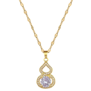 Luxurious gold stainless steel gourd necklace with sparkling zircon crystals and a purple stone