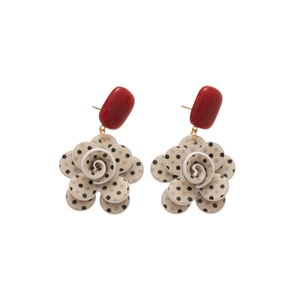 Vintage resin flower drop earrings with red studs and black polka dot petals