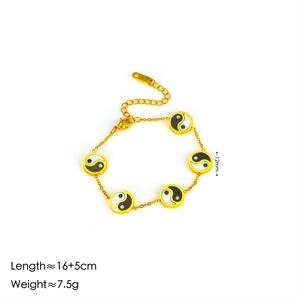 Gold stainless steel bracelet with five Yin Yang pendants featuring size and weight specs