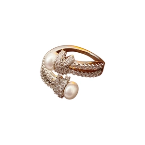 French vintage knotted open ring with pearls and pavé cubic zirconia accents