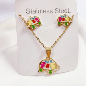 Golden stainless steel elephant necklace and earrings set with colorful enamel detail