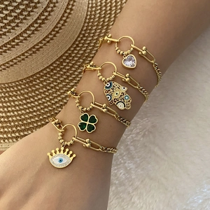 Stainless Steel Evil Eye Hamsa Hand Bracelet Gold Plated Heart Coin Crystal Adjustable Charm Jewelry For Women