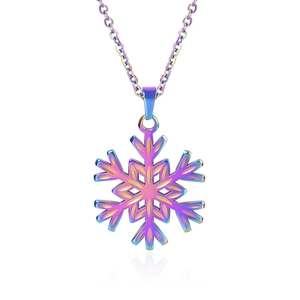 Macro detail of snowflake pendant necklace featuring a vibrant rainbow gradient finish