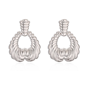 Minimalist silver irregular geometric U-shaped drop earrings with textured floral pattern
