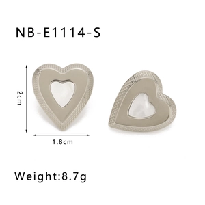 Macro detail of silver heart earrings with mother of pearl inlay and dimensions