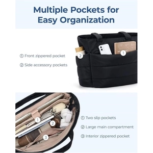 Black quilted travel tote bag with multiple pockets, large capacity for sports, gym and overnight.