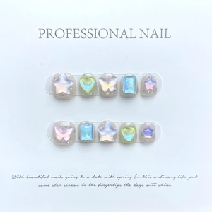 Handmade aurora press-on nails for kids with 3D colorful resin stars and heart shapes