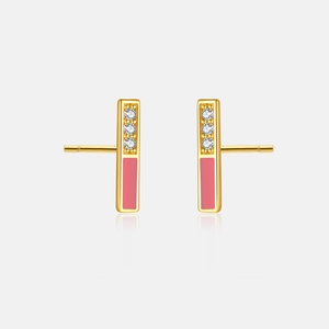 Detailed close-up of S925 silver earrings with pink enamel inlay and sparkling crystals