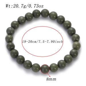 Detailed sizing and weight info for 8mm dark green natural stone beaded bracelet