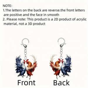 2D acrylic rooster keychain with lobster clasp showing front and back views in 80-100 chars