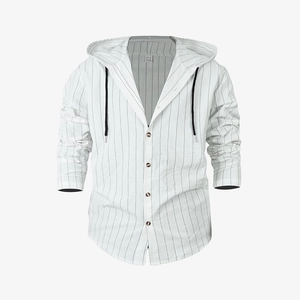 Macro detail of men's white striped cotton linen shirt with wood-tone buttons