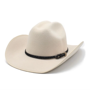 Cream wool felt western cowboy hat with black polka dot ribbon and gold buckle accessory
