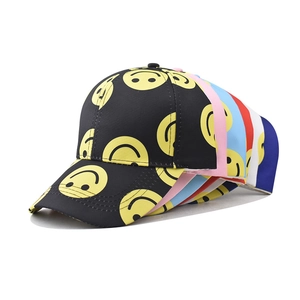 Classic cotton baseball caps featuring all-over smiley face prints in multiple vibrant colors