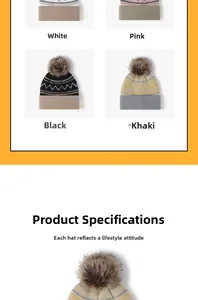 Detail view of colorful knitted hats with pom-poms in white, pink, black, and khaki