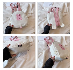 Four views of a mini canvas kids backpack with cute pink rabbit embroidery and soft straps