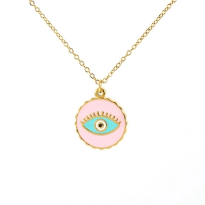 Detail of pink enamel Evil Eye pendant with golden chain on a white background