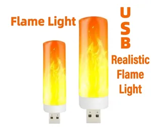 Detalle de dos tamaños de luces de llama USB con base blanca y cálido resplandor de luz LED