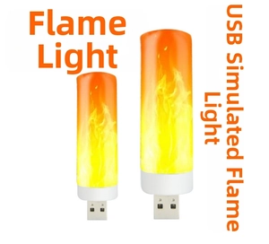 Detail showing two sizes of USB simulation flame lights with white bases and warm LED glow