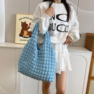 Light blue bubble textured cloud tote bag with popcorn fabric and shoulder strap