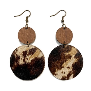 Bohemian Western earrings with vintage wood and brown cow print faux fur round charms