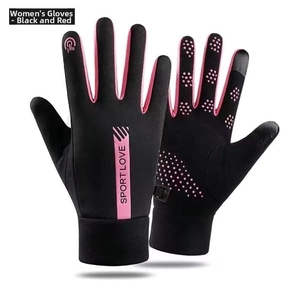 Detail of winter gloves showing non-slip palm grip and touchscreen finger capability