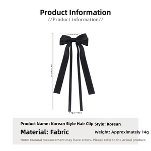 Detailed size specifications for the large black satin ribbon bow hair clip