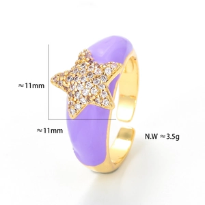 Detail showing dimensions of purple enamel star ring with crystals and 3.5g weight