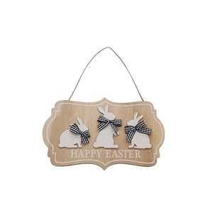 Wooden Happy Easter hanging sign with three white rabbits and black plaid bows on rope